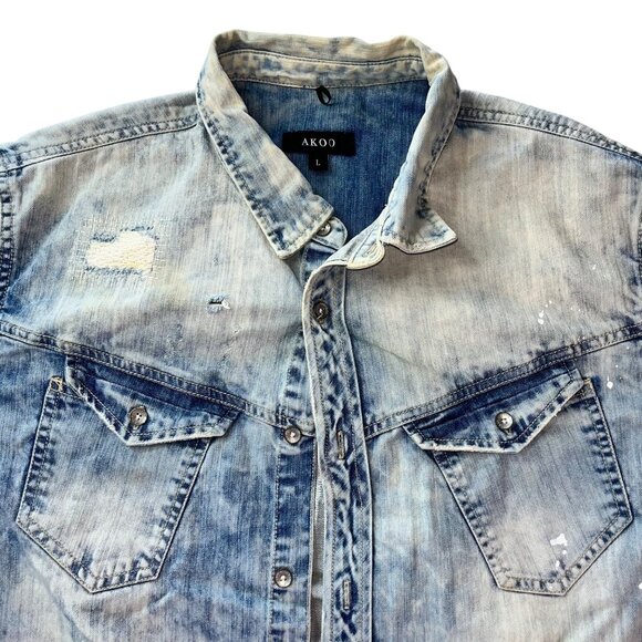 Akoo Distressed Denim Button-Up Shirt With Chest Pockets & Stitch Detail L - Picture 3 of 16